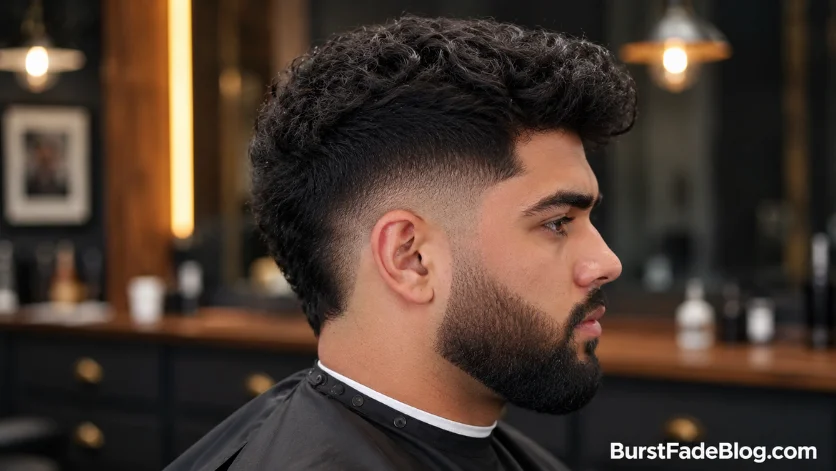 Burst fade haircut for thick hair with full texture, volume, and a clean fade paired with a well-groomed beard.