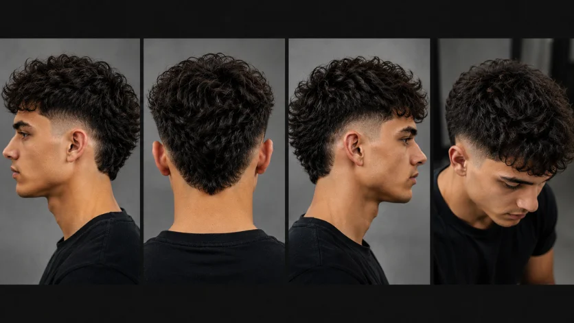 Burst fade haircut collage showing side, back, and angled views with curly textured top and clean fade around the ears on a dark studio background.