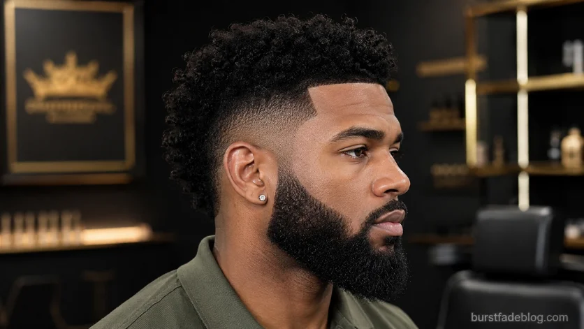 Burst fade haircut with full beard on Black man, featuring a sharp line up, curly textured top, and clean fade blend in a luxury barbershop setting.