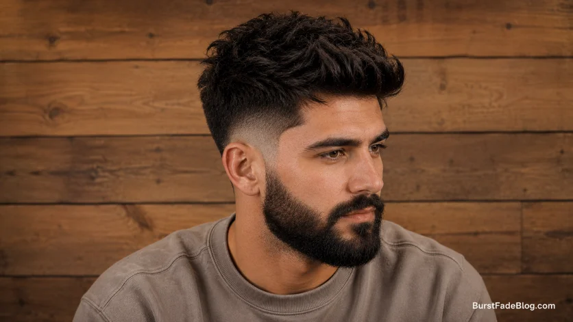 Burst fade with beard for thick hair hairstyle
