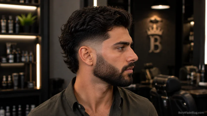 Burst Fade with Beard haircut featuring a seamless fade-to-beard transition, full groomed beard, and modern men's hairstyle side profile.