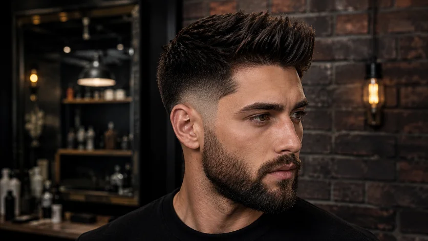 Burst fade with brush up hairstyle featuring textured lifted hair, full beard, and clean fade in a modern barber studio.