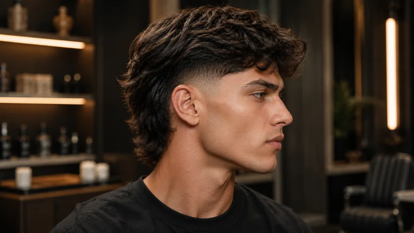 Teen boy with crew flow burst fade haircut, flowing medium-length hair and blended fade in a premium grooming studio.