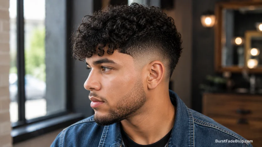 Burst fade with curly fringe hairstyle
