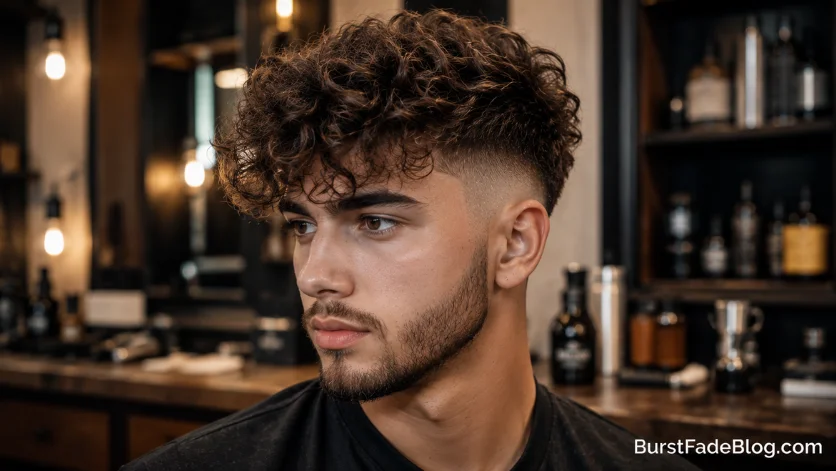 Teenage boy with burst fade haircut and curly fringe.