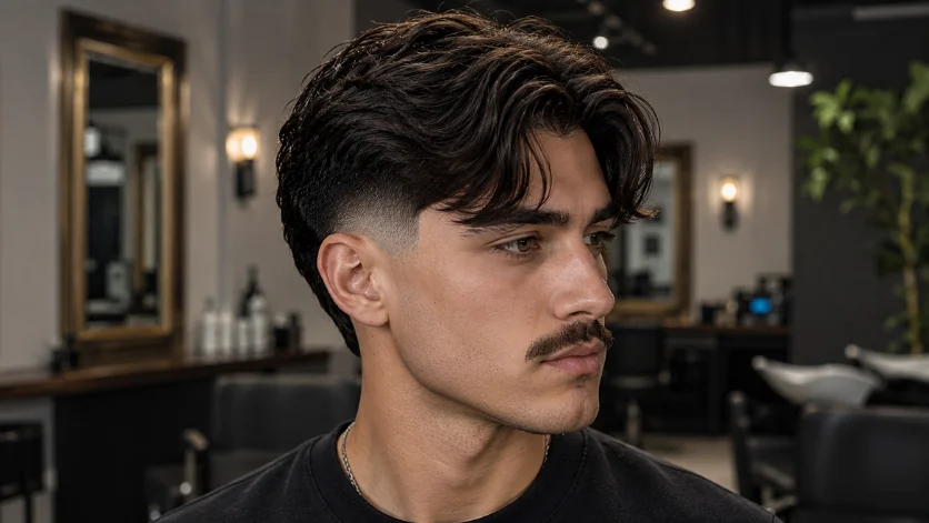 Burst fade haircut with middle-part curtains, soft layered fringe, mustache, and clean fade in a modern salon environment.