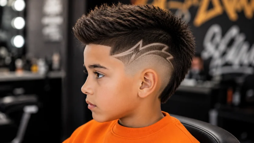 Burst fade haircut for kids with a creative shaved design and sharp fade details.