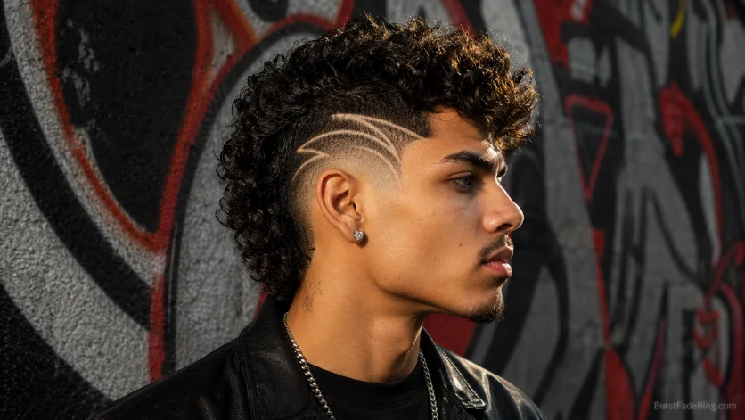 Burst Fade with Design haircut featuring a custom razor design, sharp burst fade, and modern textured hairstyle for men.