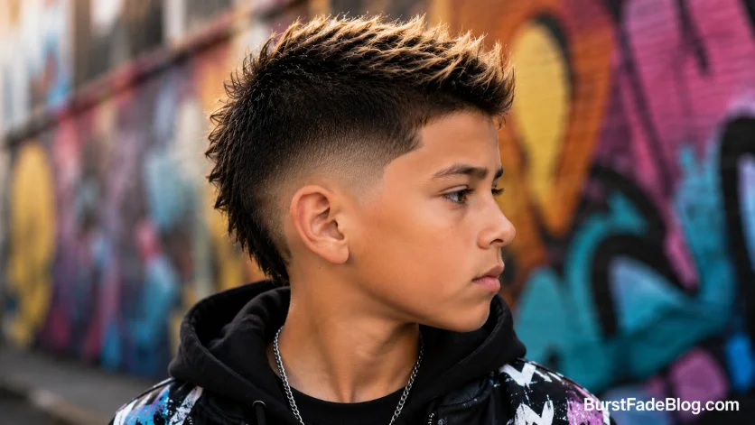 Burst fade haircut for kids with subtle dyed tips and clean faded sides.