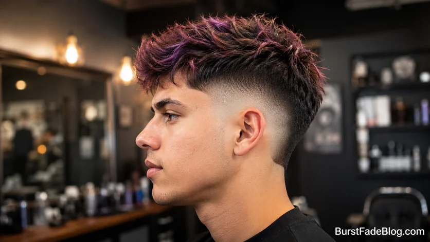 Teenage boy with burst fade haircut and purple dyed tips in a modern barber shop.