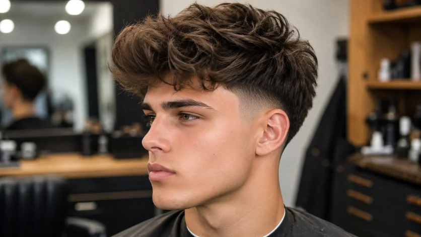 Burst fade with fluffy textured hair and voluminous top in a modern barbershop.