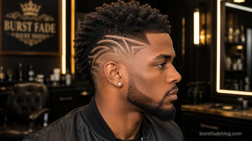 Burst fade with artistic hair design on Black man, featuring textured curls, sharp razor patterns, and a clean fade blend.