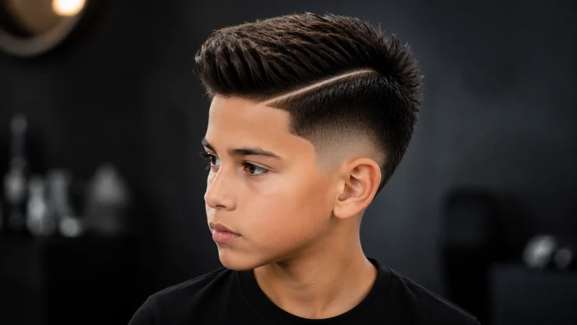 Burst fade haircut for kids with a sharp hard part line and clean fade sides.
