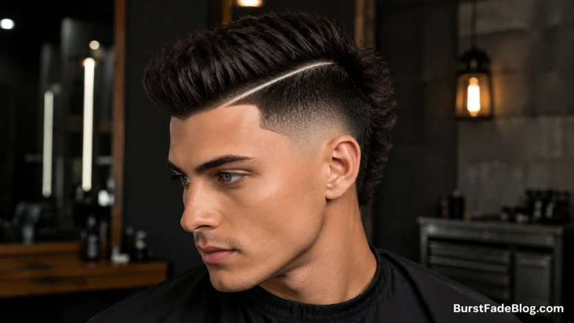 Teen boy with a burst fade haircut and sharp hard part line, styled neatly in a modern luxury barber shop.