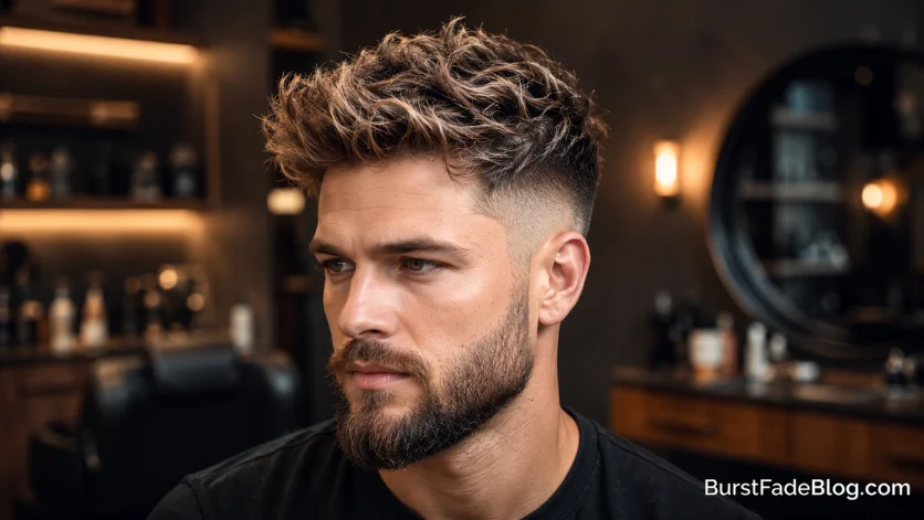Teenage boy with burst fade haircut and subtle blonde highlights on textured top hair.