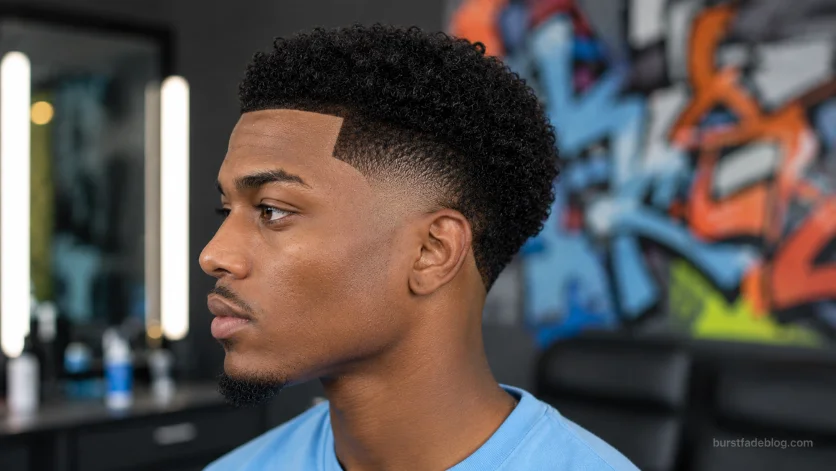 Burst fade with sharp line up for Black men, featuring textured curls and a clean fade around the ears.