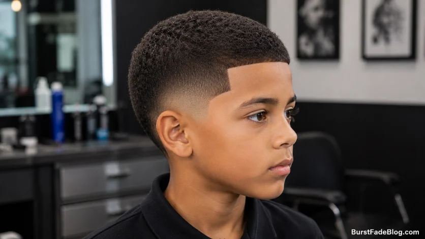 Burst fade haircut for kids with a sharp line up and defined hairline.