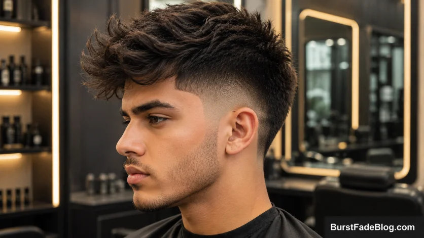 Teen boy with a burst fade haircut and long textured top in a modern salon.