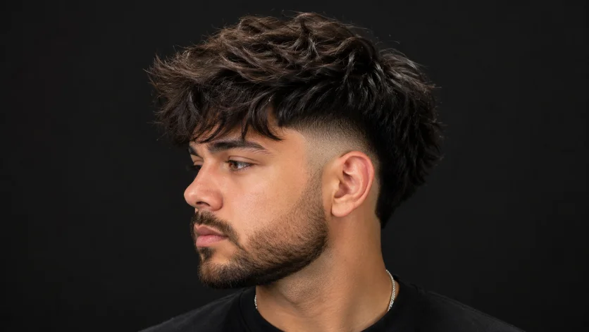 Burst fade with messy textured top and trimmed beard on a male model.