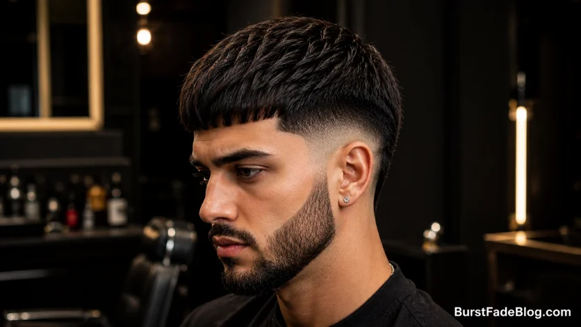 Modern Edgar haircut with burst fade and trimmed beard in a luxury barbershop setting.