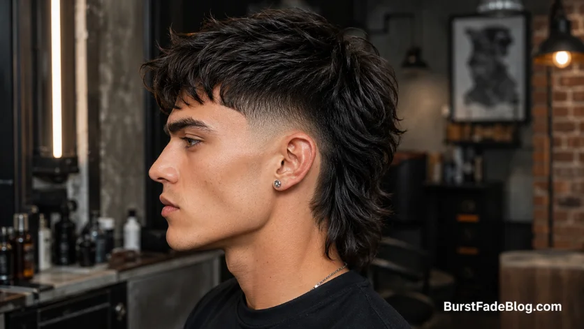 Teen boy with modern mullet burst fade haircut, textured longer back hair and clean fade in an industrial barber studio.