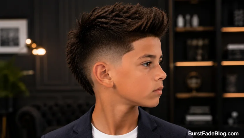 Burst fade haircut for kids with a voluminous quiff and clean faded sides.