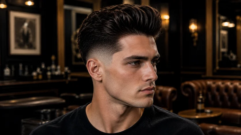 Burst fade haircut with a voluminous brushed-back quiff, sharp fade transition, and clean-shaven look in a luxury barber lounge.