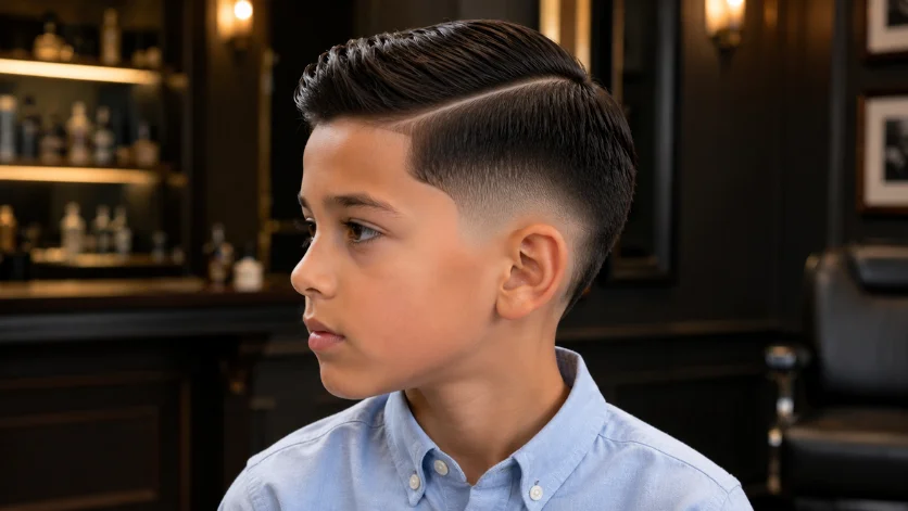 Burst fade haircut for kids with a sharp side part and neatly combed top.