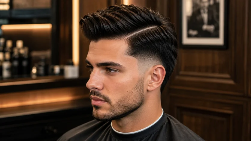Burst fade with sharp side part, clean combed finish, and short beard in a luxury barbershop.