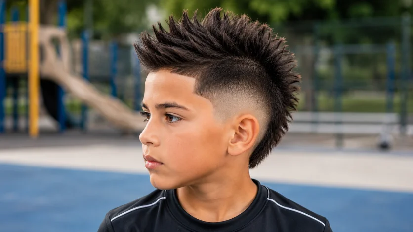 Burst fade haircut for kids with textured spiky hair and clean faded sides.