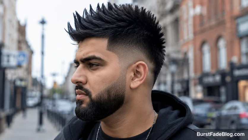 Man with a burst fade and textured spiky hair, thick beard, and urban street background.