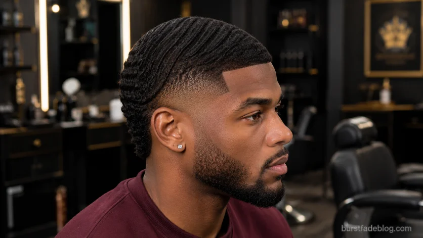 Burst fade with deep 360 waves on Black man, featuring a sharp edge up and clean fade in a modern barbershop.