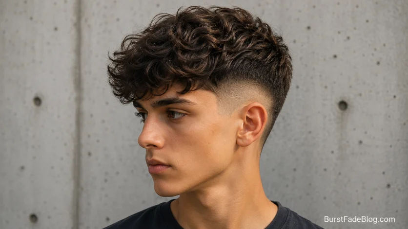 Teenage boy with medium wavy hair and a clean burst fade haircut against a concrete wall background.