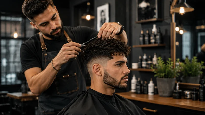 Barber creating a stylish burst fade haircut in a modern men's grooming salon with professional haircutting tools and premium barbershop interior.