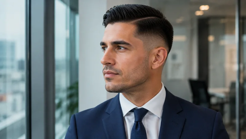Business professional burst fade side part haircut with polished styling, navy suit, and executive office background.