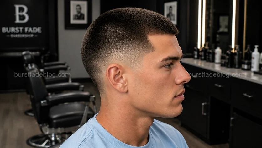 **Alt Text (SEO Optimized):**
Butch Cut with Burst Fade haircut featuring a slightly longer buzzed top and clean burst fade in a professional barbershop.
