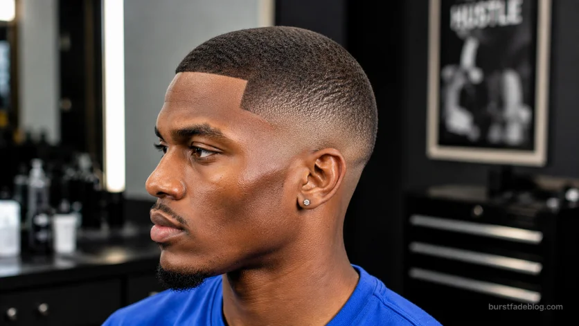 Buzz cut burst fade for Black men with sharp lineup, clean fade, and defined cheekbones.