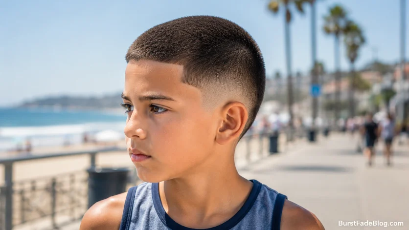 Buzz cut burst fade haircut for kids with an ultra-short cut and subtle faded sides.