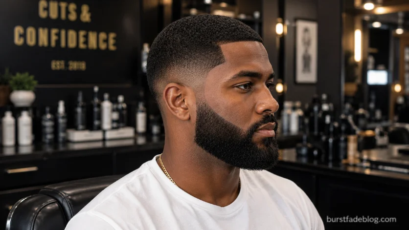 Buzz Cut Burst Fade with Beard featuring a clean buzz cut, sharp line-up, and thick beard in a modern barbershop.