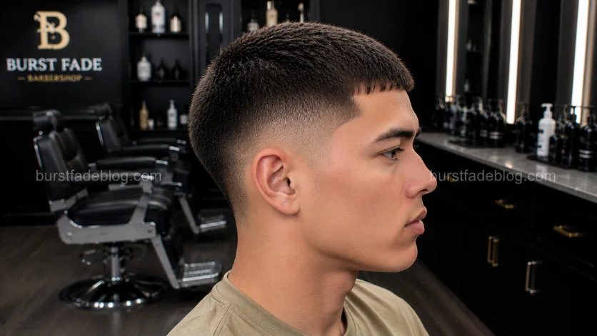 Buzz Cut Crop Top Burst Fade haircut with a short textured crop, clean burst fade, and sharp lineup in a high-end barbershop.

