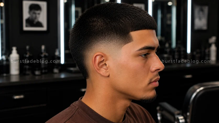 **Alt Text:**
Buzz Cut Edgar Burst Fade featuring a short blunt fringe, sharp burst fade, and clean side profile in a contemporary barber studio.
