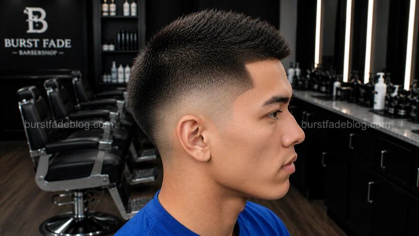 **Alt Text (SEO Optimized):**
Buzz Cut Faux Hawk Burst Fade haircut with a subtle faux hawk shape, clean burst fade, and textured buzzed top in a professional barbershop.
