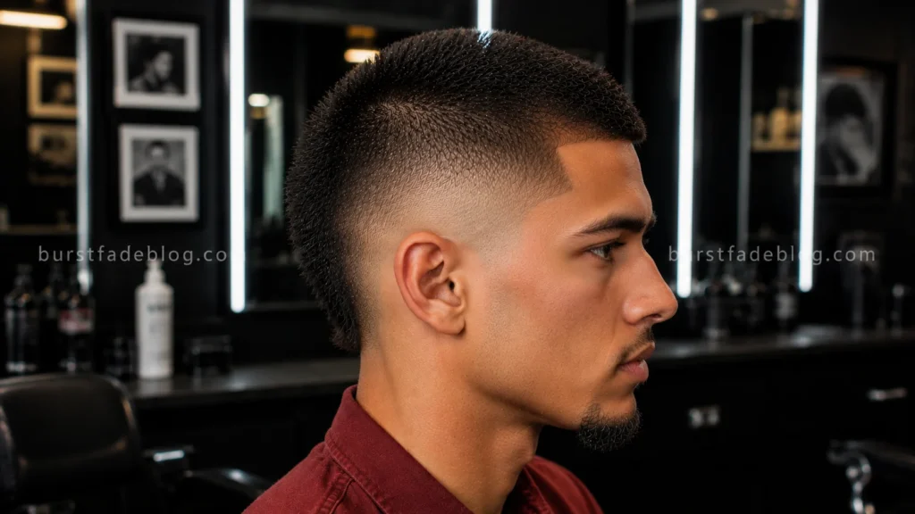 **Alt Text:**
Buzz Cut Mohawk Burst Fade featuring a narrow mohawk strip, clean burst fade sides, and sharp side profile in an urban barber studio.
