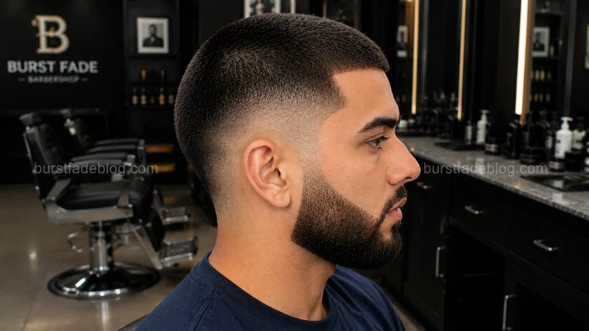 **Alt Text (SEO Optimized):**
Buzz Cut with Beard and Burst Fade haircut featuring a clean buzzed top, sharp burst fade, and full beard blend in a modern barbershop.
