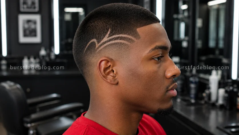 **Alt Text:**
Buzz Cut with Hair Design Burst Fade featuring a creative shaved hair design, clean burst fade, and sharp side profile in a trendy barber studio.
