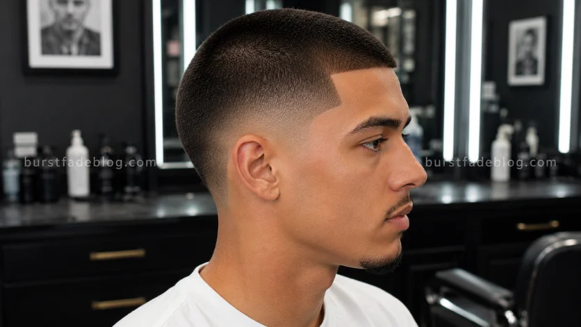 **Alt Text:**
Buzz Cut with Line Up and Burst Fade featuring a razor-sharp lineup, curved burst fade, and clean side profile in a luxury barber studio.
