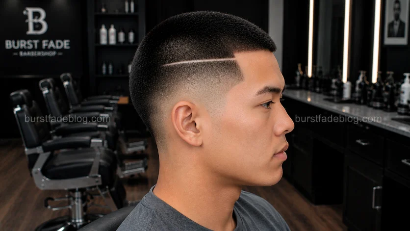 **Alt Text (SEO Optimized):**
Buzz Cut with Surgical Line Burst Fade haircut featuring a sharp surgical part, clean burst fade, and buzzed top in a professional barbershop.
