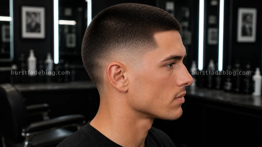 **Alt Text:**
Buzz Cut with Temple Fade Burst featuring a clean temple fade blending into a burst fade, short buzzed top, and sharp side profile in an upscale barber studio.
