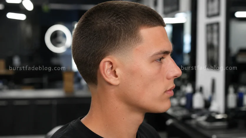 Classic Burst Fade Buzz Cut haircut with clean fade around the ear, short buzzed top, 