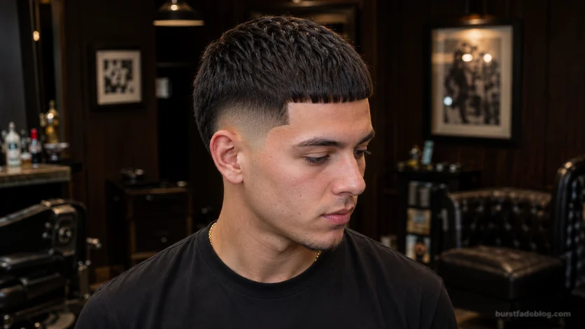 Classic Burst Fade Caesar haircut with short fringe, sharp lineup, and clean burst fade in a modern barbershop.